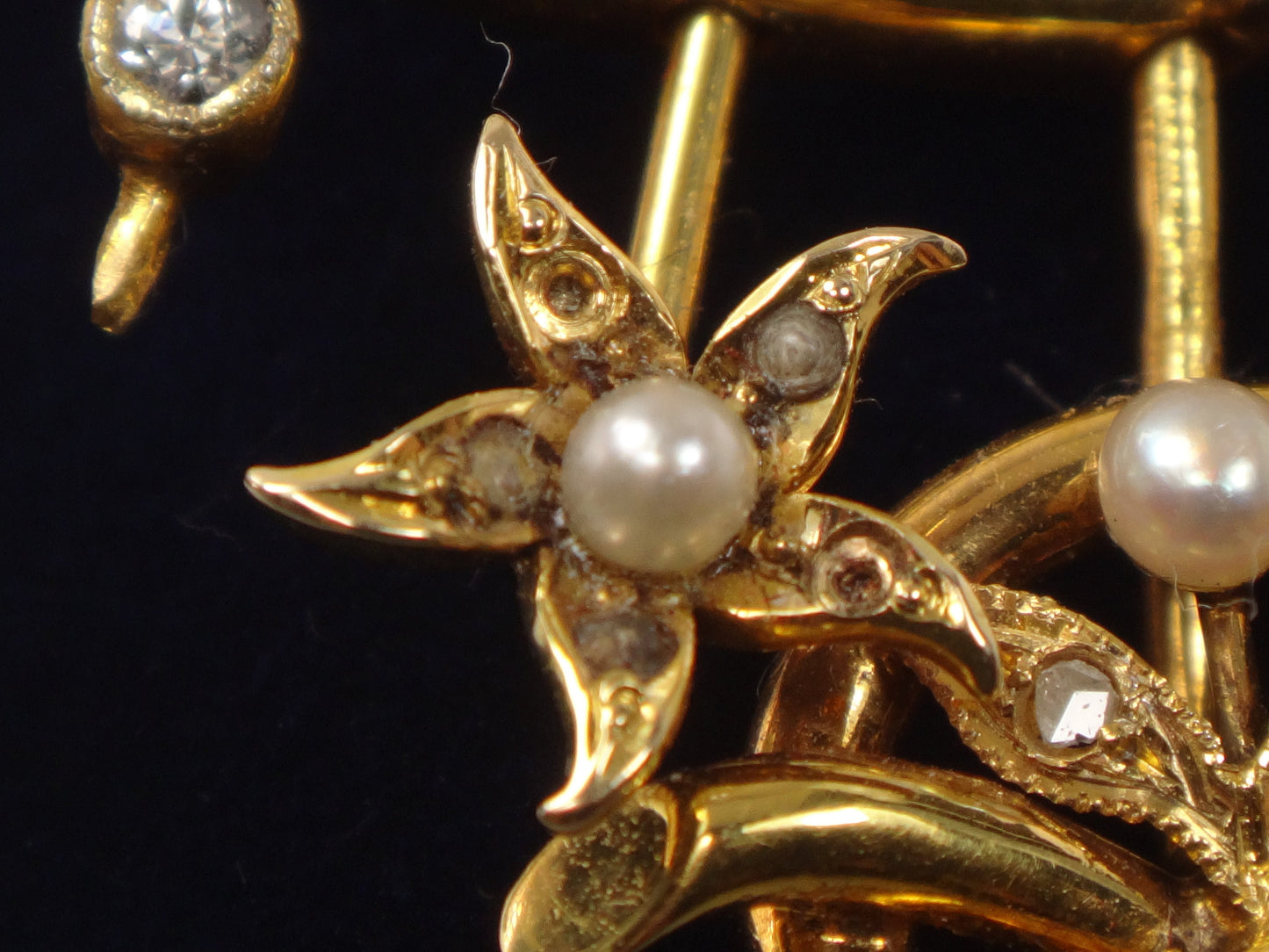Vintage 14k Yellow Gold Stickpin Brooch Pin with Diamonds Pearls Enamel Moons Stars Sword Clover Love Knot Flower