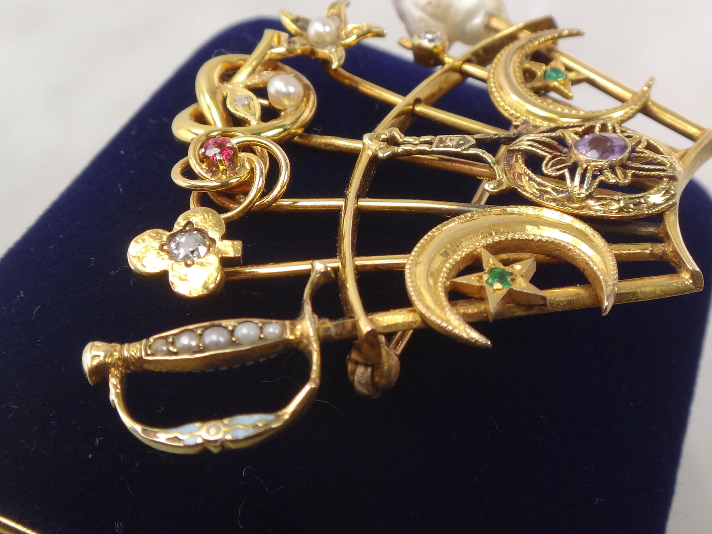 Vintage 14k Yellow Gold Stickpin Brooch Pin with Diamonds Pearls Enamel Moons Stars Sword Clover Love Knot Flower