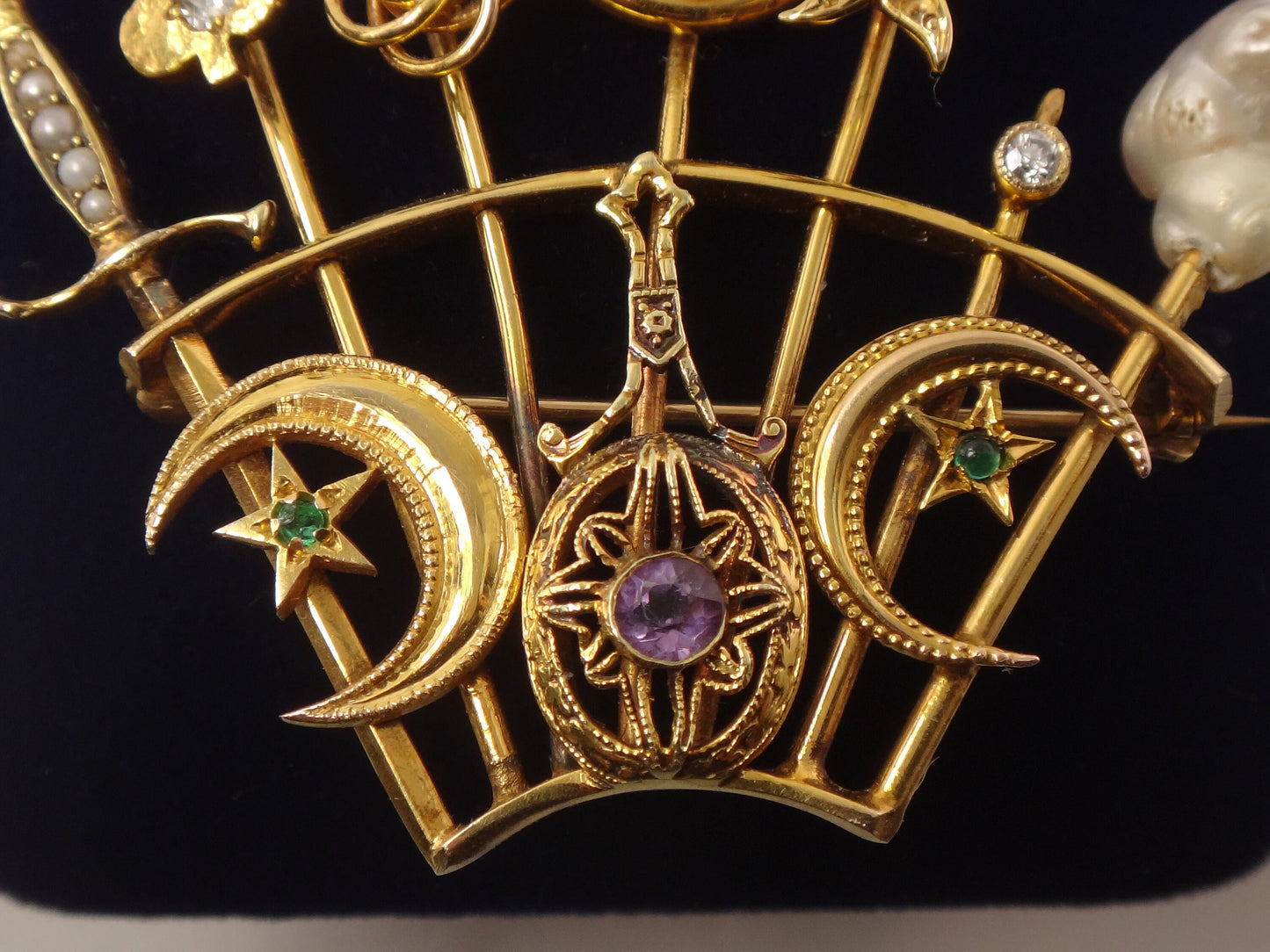 Vintage 14k Yellow Gold Stickpin Brooch Pin with Diamonds Pearls Enamel Moons Stars Sword Clover Love Knot Flower