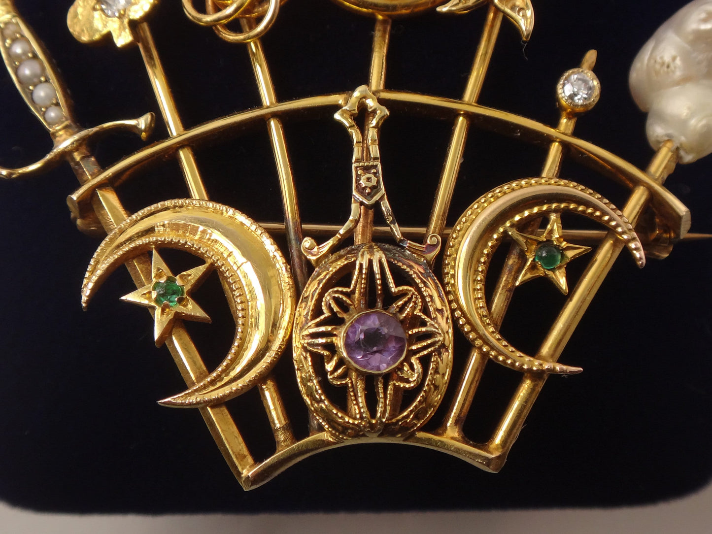 Vintage 14k Gold Stickpin Brooch: Diamond, Pearl, Enamel Moons & Stars