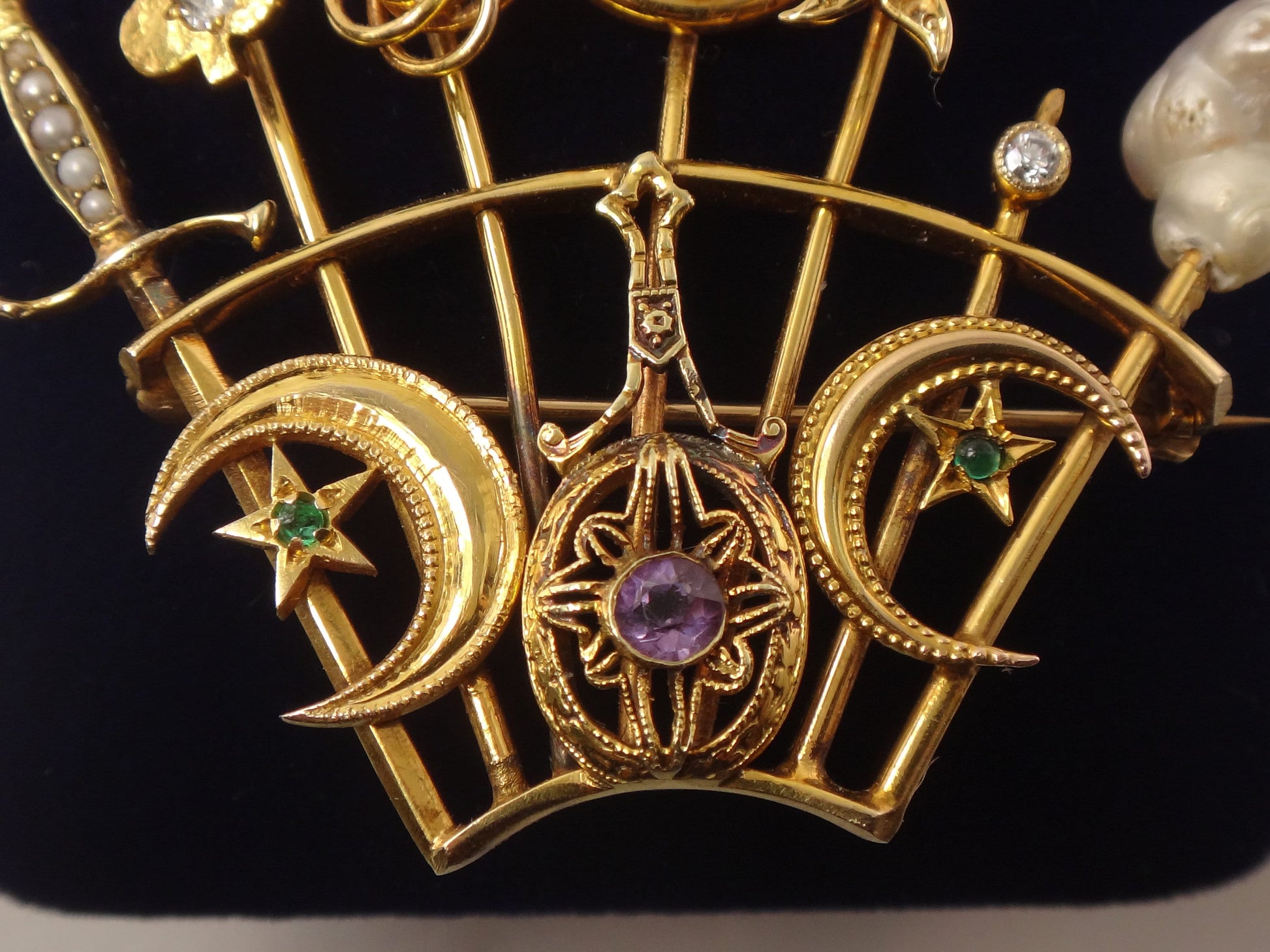 Vintage 14k Gold Stickpin Brooch: Diamond, Pearl, Enamel Moons & Stars