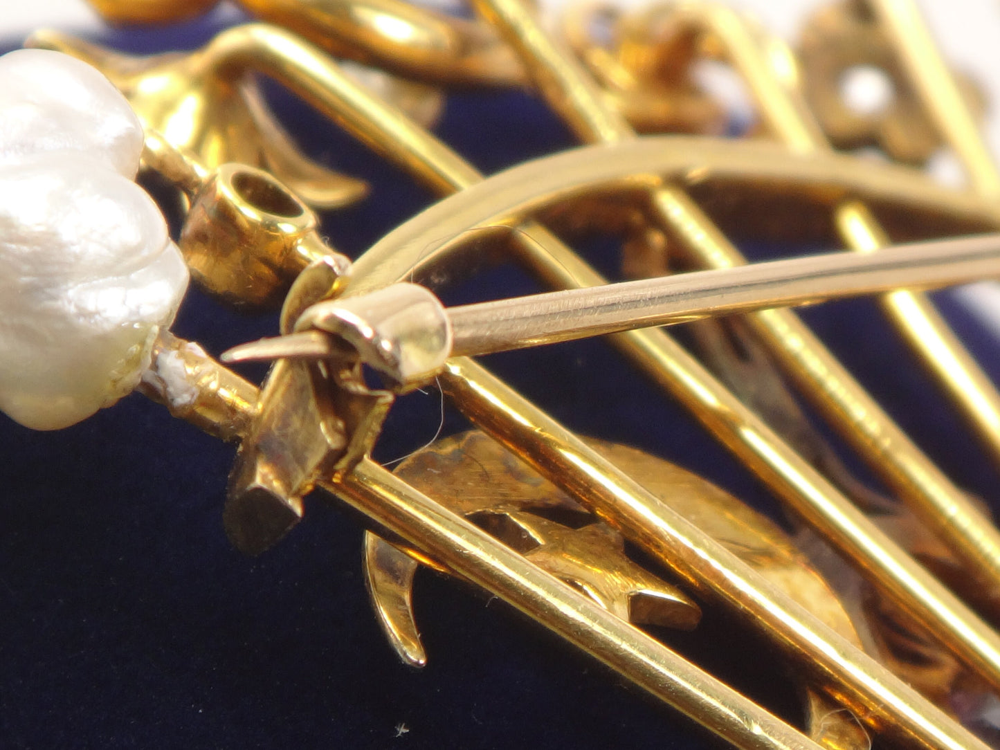 Vintage 14k Yellow Gold Stickpin Brooch Pin with Diamonds Pearls Enamel Moons Stars Sword Clover Love Knot Flower