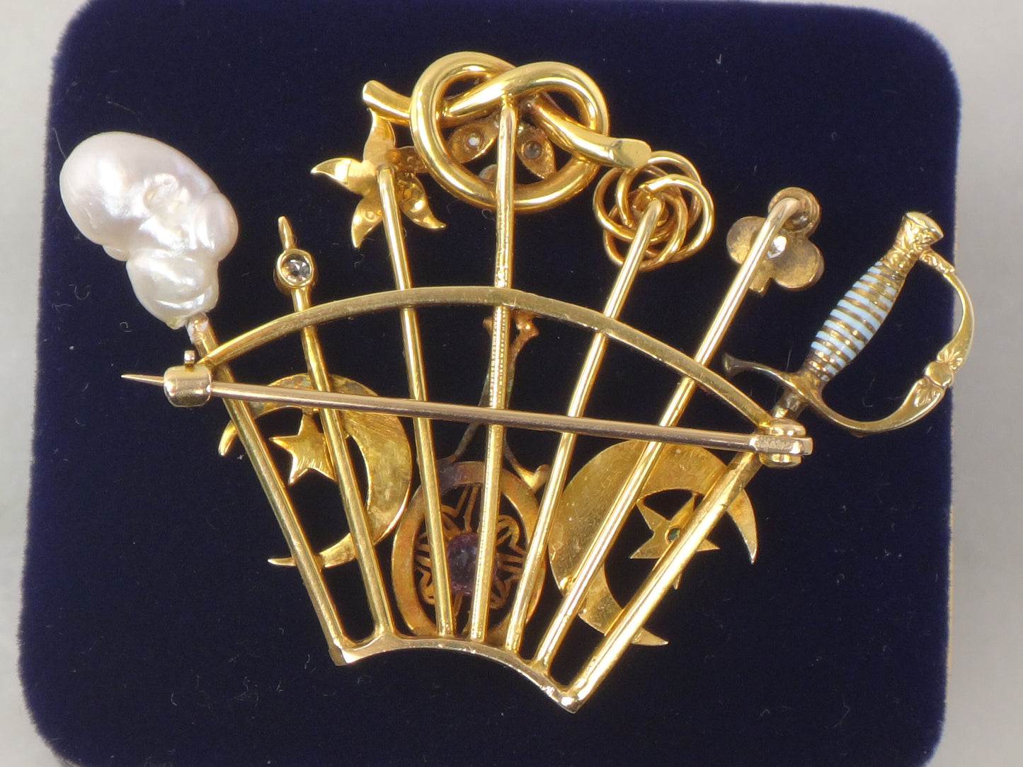 Vintage 14k Yellow Gold Stickpin Brooch Pin with Diamonds Pearls Enamel Moons Stars Sword Clover Love Knot Flower