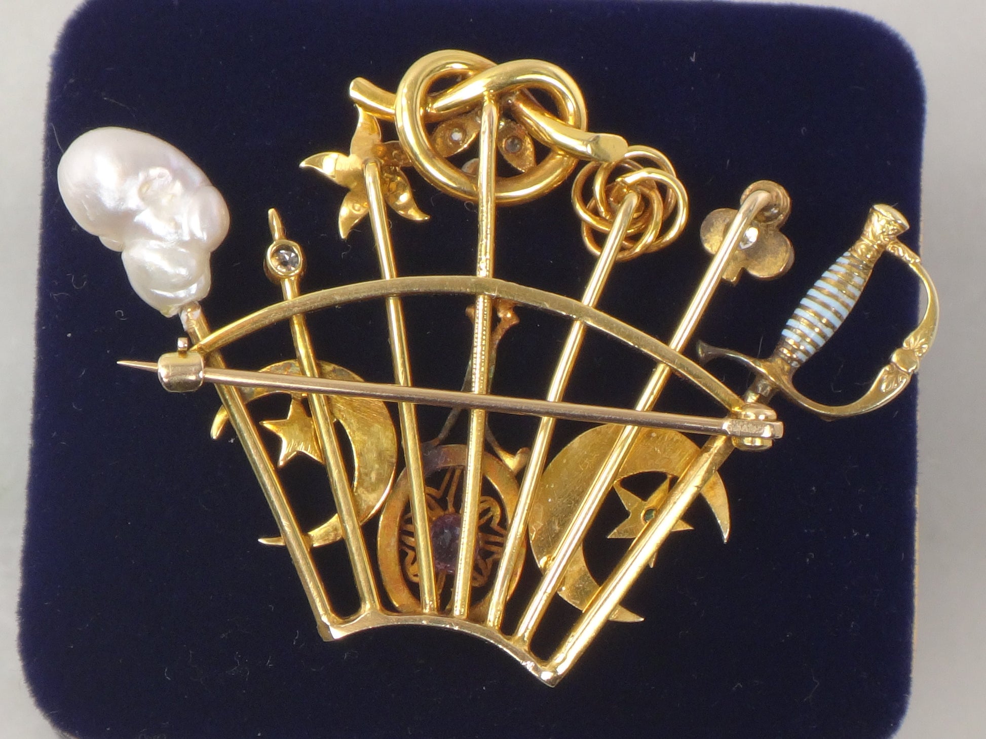 Vintage 14k Gold Stickpin Brooch: Diamond, Pearl, Enamel Moons & Stars