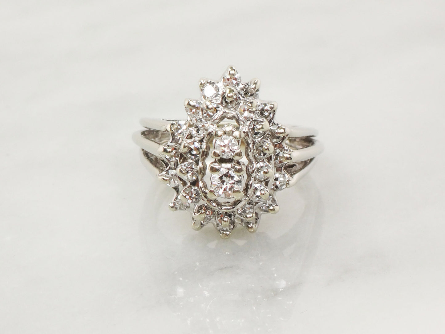 Vintage Pear Shaped Diamond Cluster Ring: 14k White Gold Statement Ring, 1 CT TDW