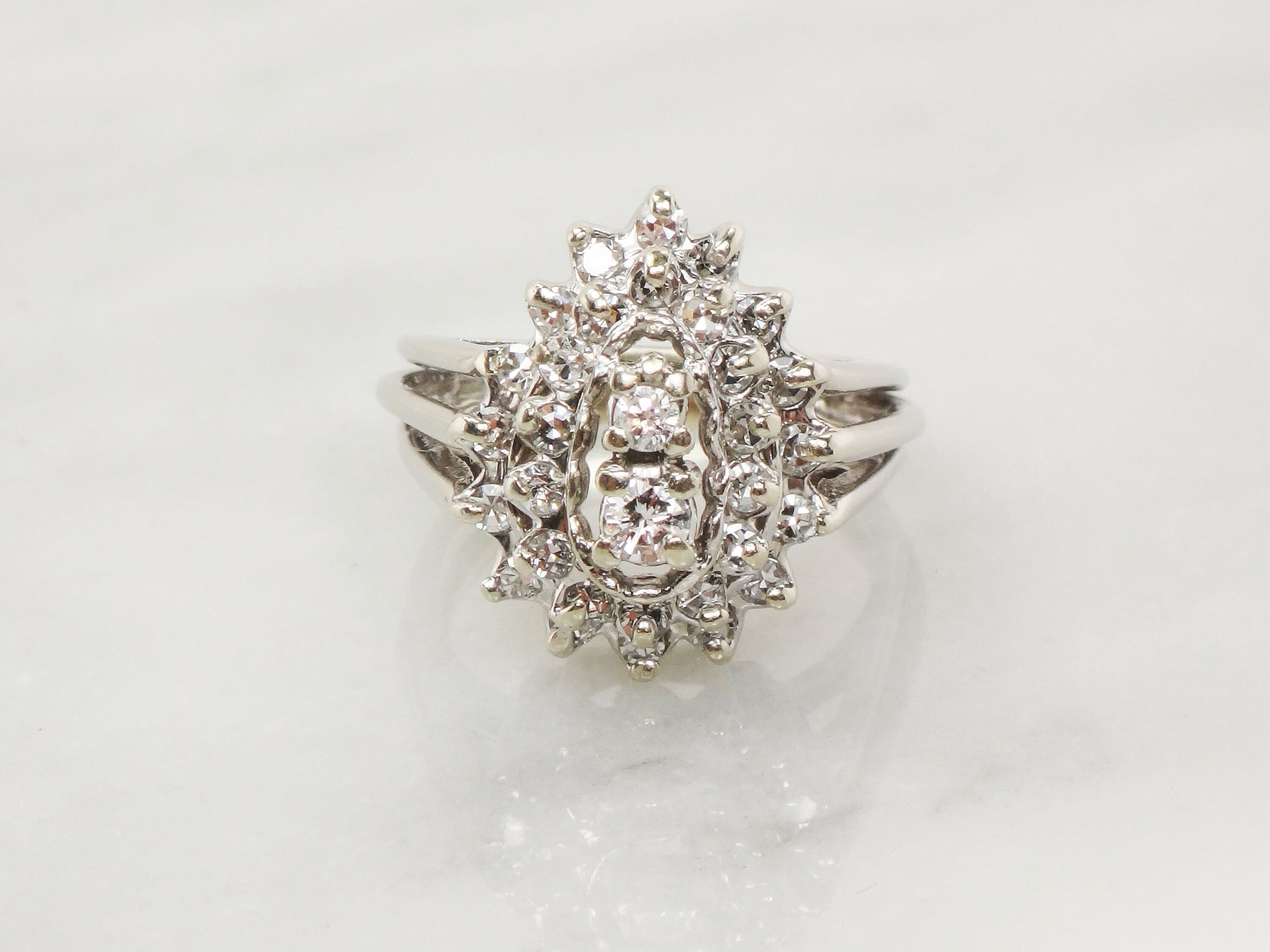 Vintage Pear Shaped Diamond Cluster Ring: 14k White Gold Statement Ring, 1 CT TDW