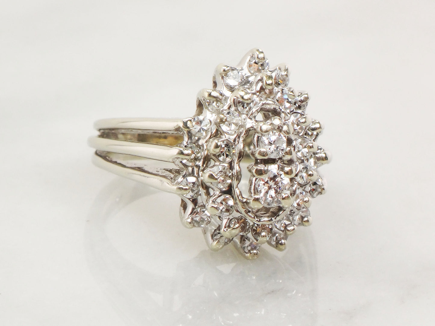 Vintage Pear Shaped Diamond Cluster Ring Natural Diamond Statement Ring Right Hand Ring 14k White Gold Ring Approx 1 CT TDW