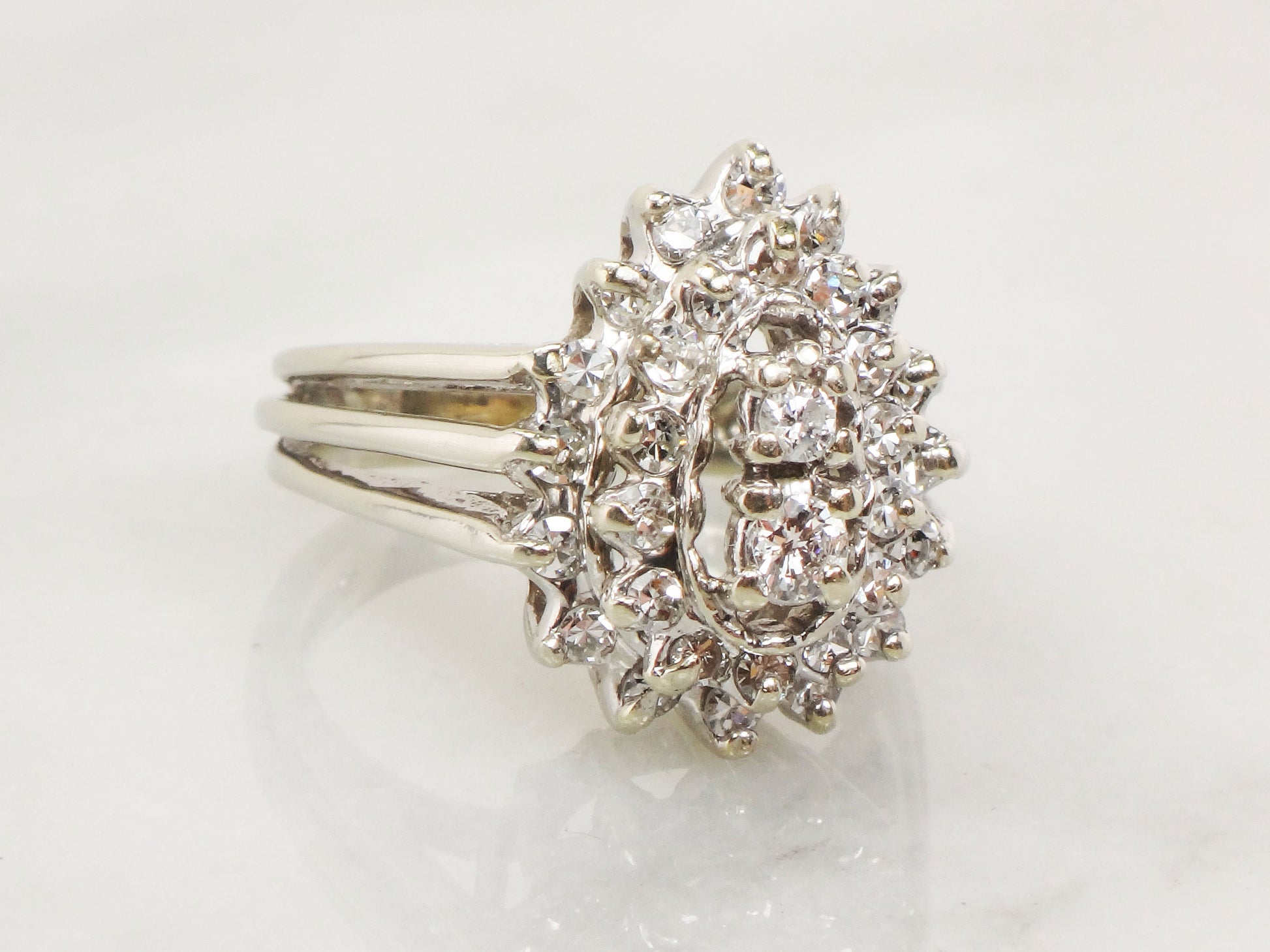 Vintage Pear Shaped Diamond Cluster Ring: 14k White Gold Statement Ring, 1 CT TDW