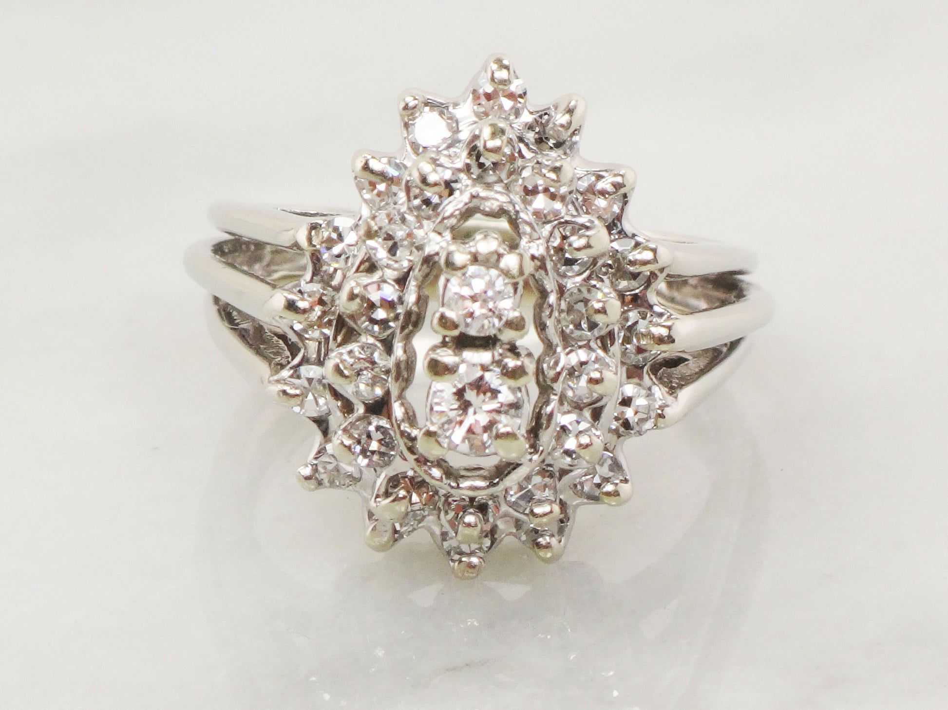 Vintage Pear Shaped Diamond Cluster Ring: 14k White Gold Statement Ring, 1 CT TDW