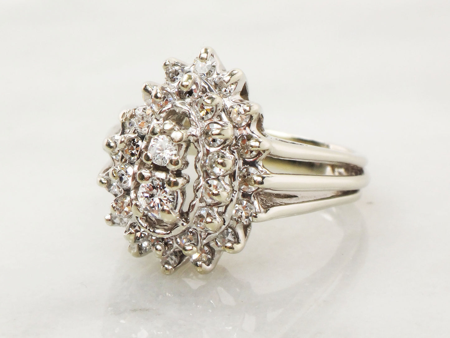 Vintage Pear Shaped Diamond Cluster Ring: 14k White Gold Statement Ring, 1 CT TDW