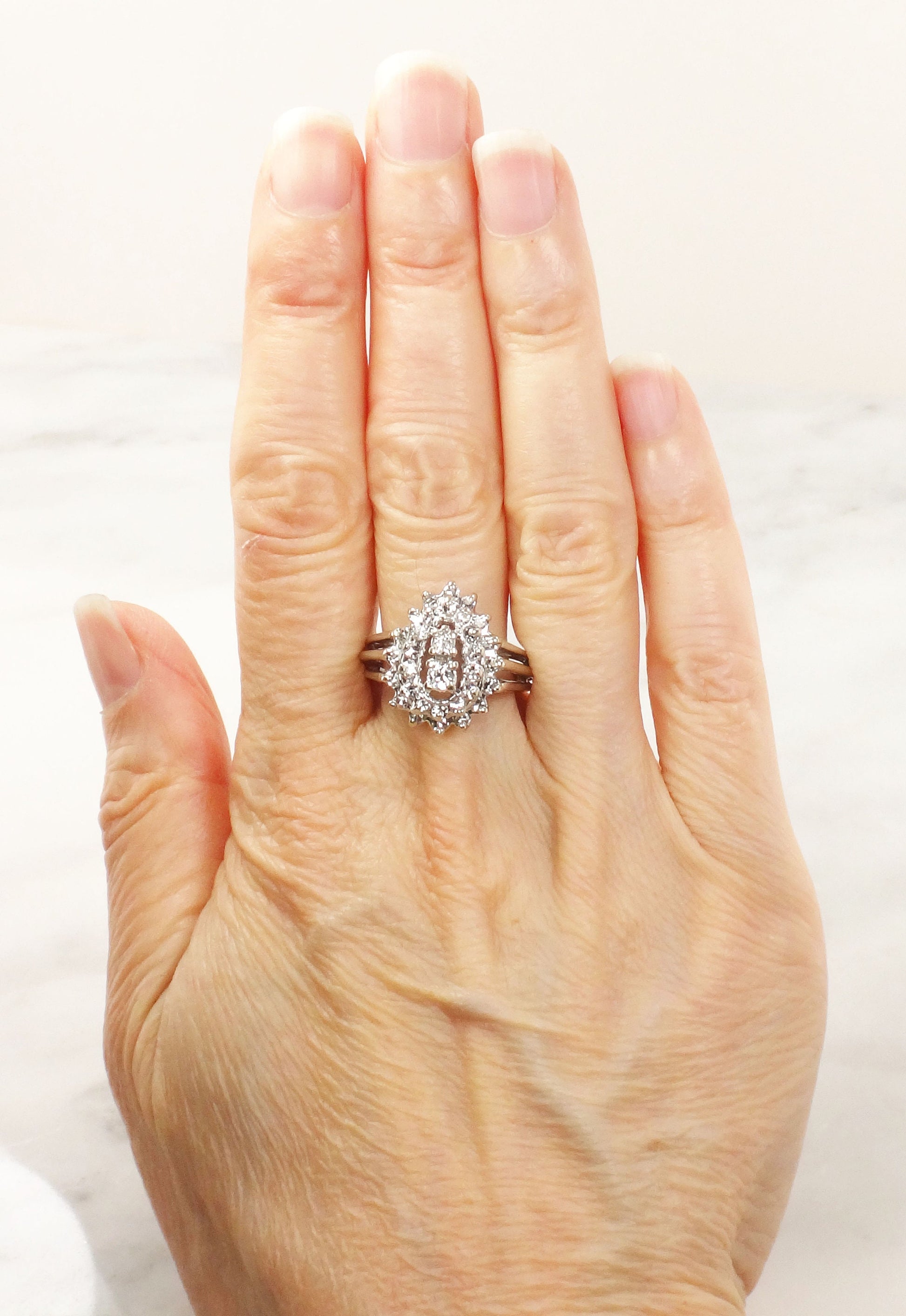 Vintage Pear Shaped Diamond Cluster Ring: 14k White Gold Statement Ring, 1 CT TDW