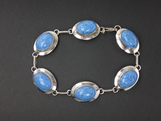 Vintage Sterling Silver Blue Stone Bracelet Signed RW Blue Adventurine ? Bracelet - 7 5/8"