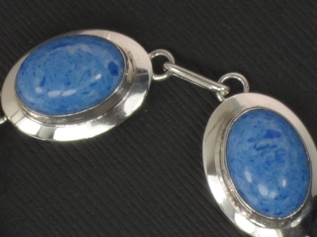 Vintage Sterling Silver Blue Stone Bracelet Signed RW Blue Adventurine ? Bracelet - 7 5/8"