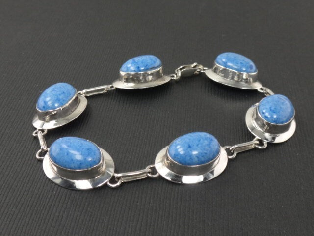 Vintage Sterling Silver Blue Stone Bracelet Signed RW Blue Adventurine ? Bracelet - 7 5/8"
