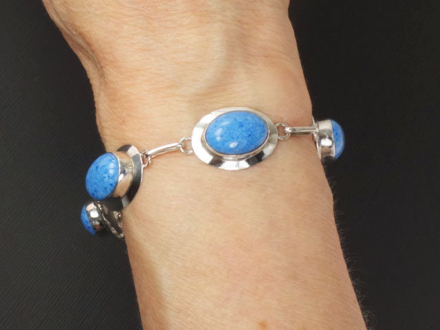 Vintage Sterling Silver Blue Stone Bracelet Signed RW Blue Adventurine ? Bracelet - 7 5/8"