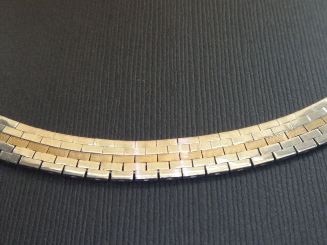 Vintage Two Tone Necklace: 14k Gold & Sterling Silver Flat Link Collar