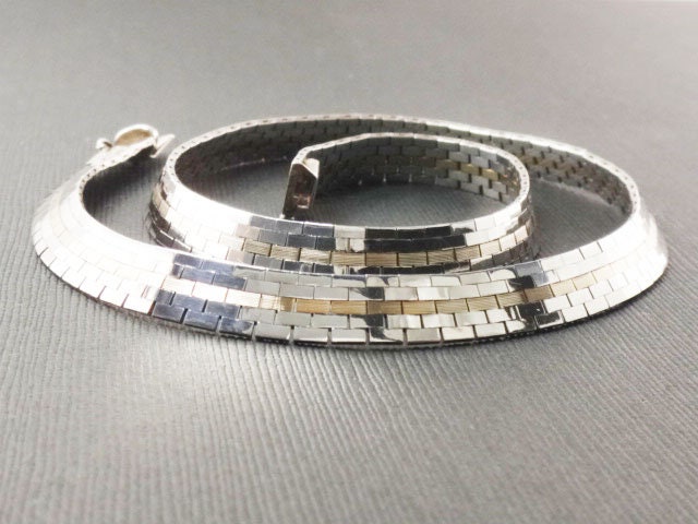 Vintage Two Tone Necklace: 14k Gold & Sterling Silver Flat Link Collar
