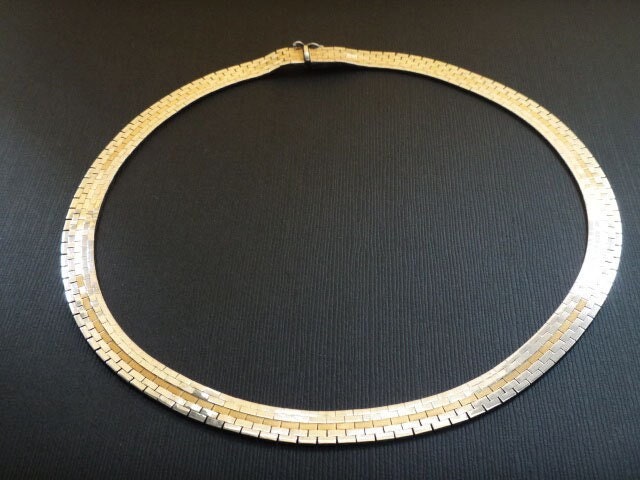 Vintage Two Tone Necklace: 14k Gold & Sterling Silver Flat Link Collar