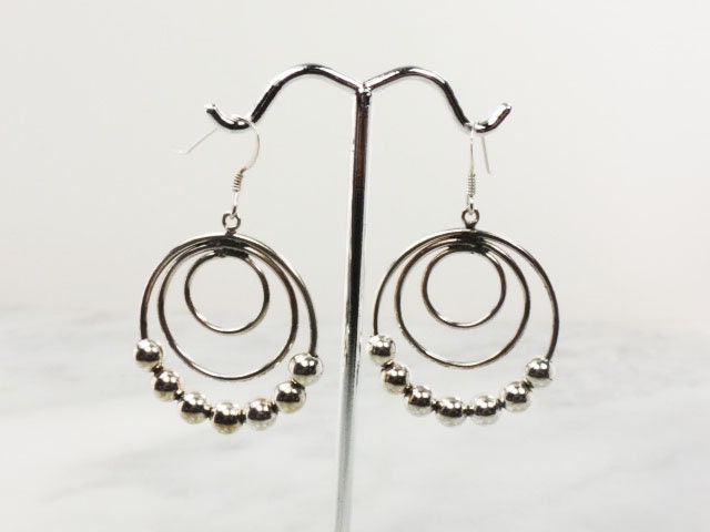 Vintage Sterling Silver Beaded Triple Hoop Dangle Earrings