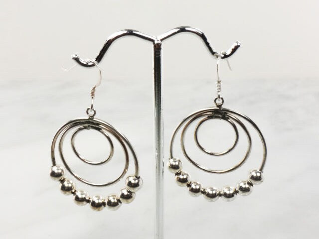 Vintage Sterling Silver Beaded Triple Hoop Dangle Earrings