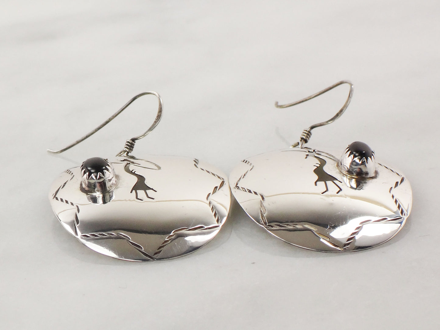Vintage Large Sterling Silver Dangle Earrings Black Onyx Kokopelli Earrings with Ear Wires Southwestern Style
