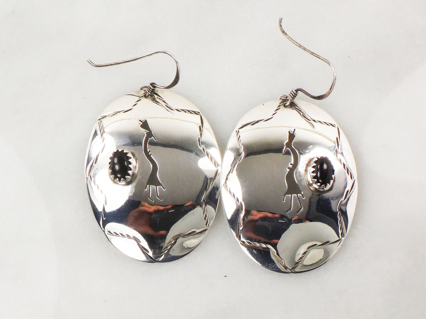 Vintage Large Sterling Silver Dangle Earrings Black Onyx Kokopelli Earrings with Ear Wires Southwestern Style