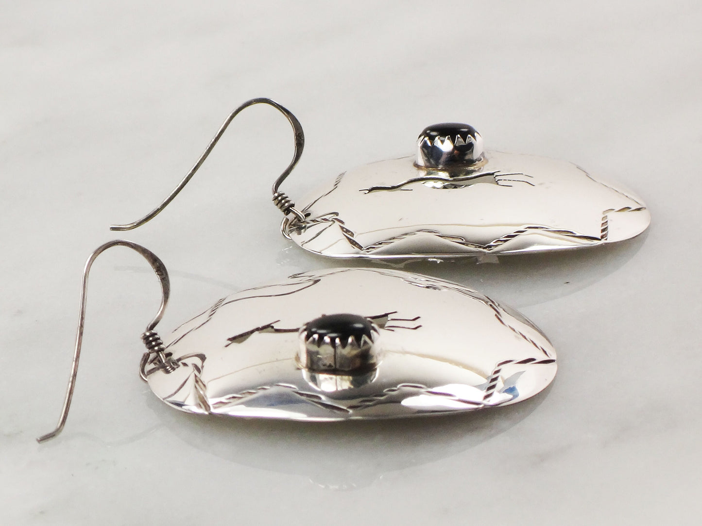 Vintage Large Sterling Silver Dangle Earrings Black Onyx Kokopelli Earrings with Ear Wires Southwestern Style
