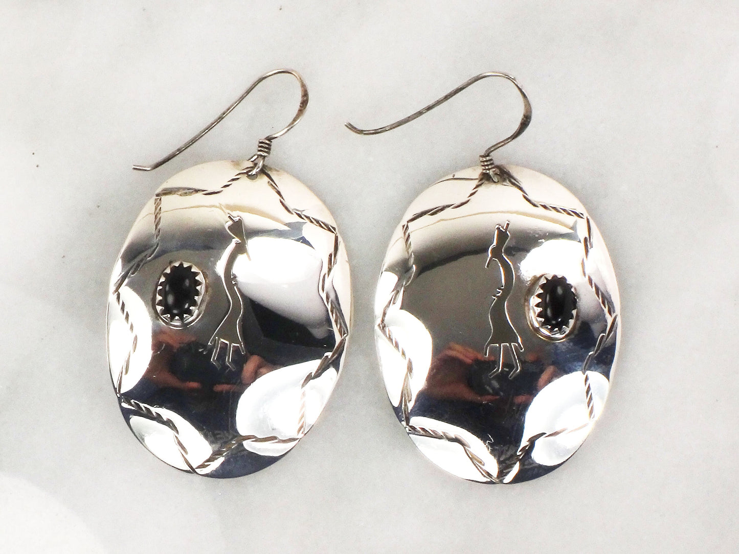 Vintage Large Sterling Silver Dangle Earrings Black Onyx Kokopelli Earrings with Ear Wires Southwestern Style