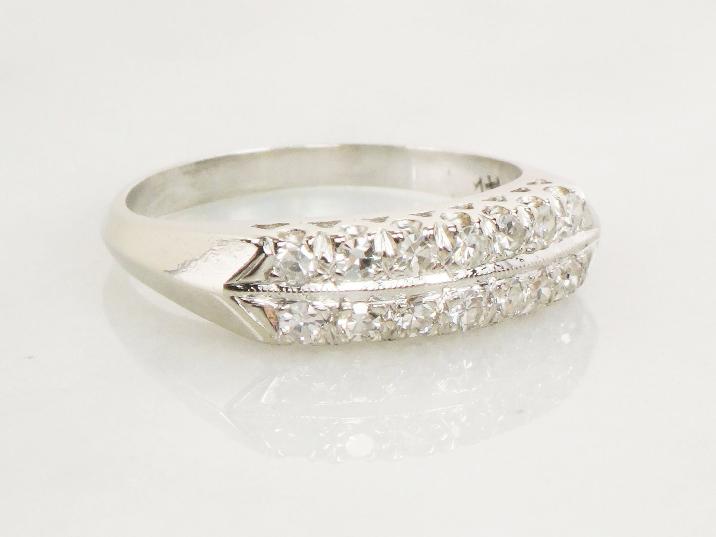 Vintage 14k White Gold Diamond Wedding Band: Double Row Ring, Size 7.75