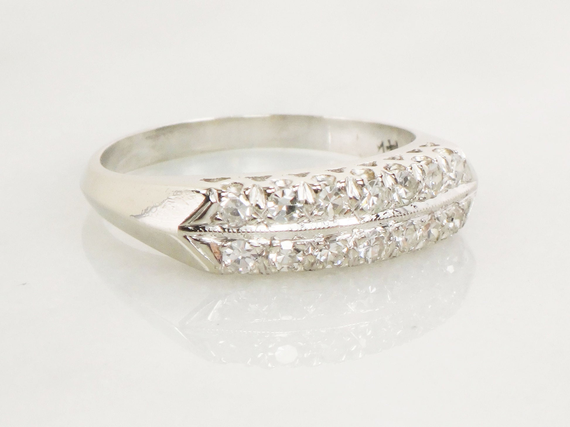 Vintage 14k White Gold Diamond Wedding Band: Double Row Ring, Size 7.75