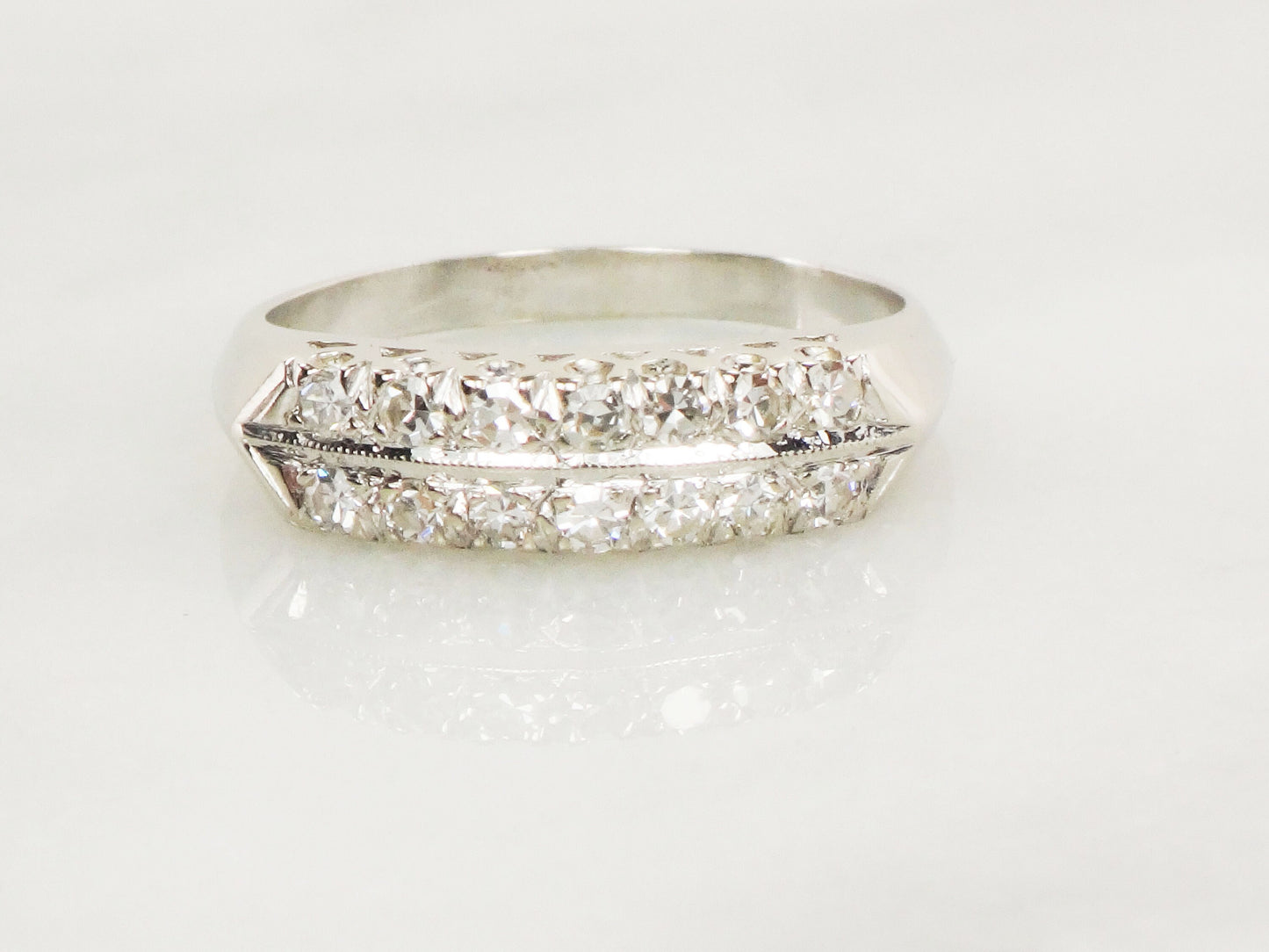 Vintage 14k White Gold Natural Diamond Wedding Band Diamond Wedding Ring Double Row Diamond Ring Size 7.75