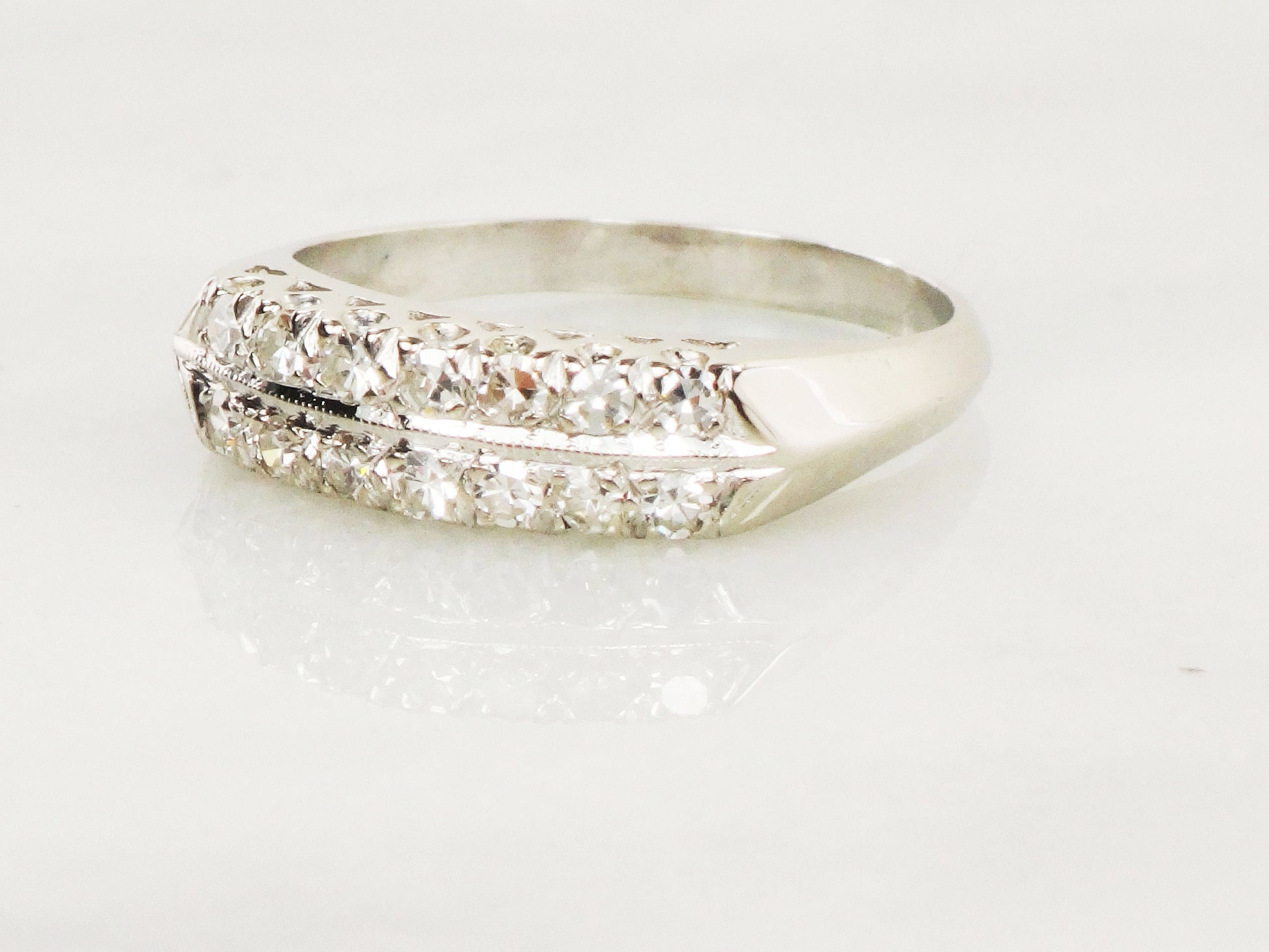 Vintage 14k White Gold Diamond Wedding Band: Double Row Ring, Size 7.75