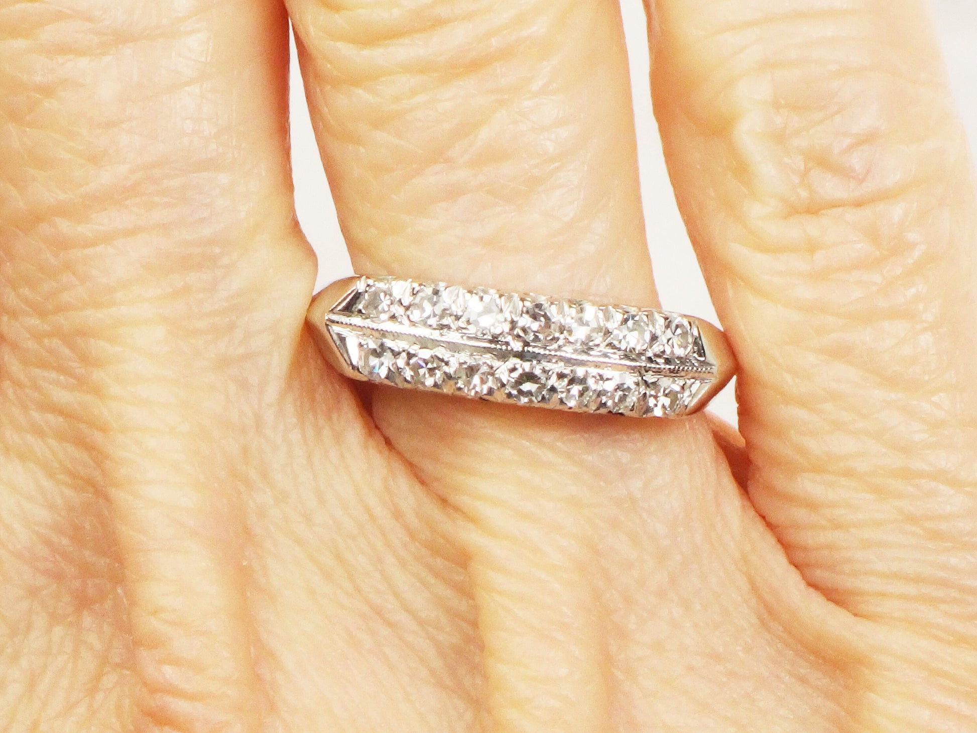 Vintage 14k White Gold Diamond Wedding Band: Double Row Ring, Size 7.75