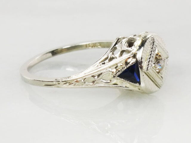 Vintage 18k White Gold Old Mine Cut Natural Diamond Engagement Ring with Sapphire Accents JR Wood Art Deco Filigree Bow Ring
