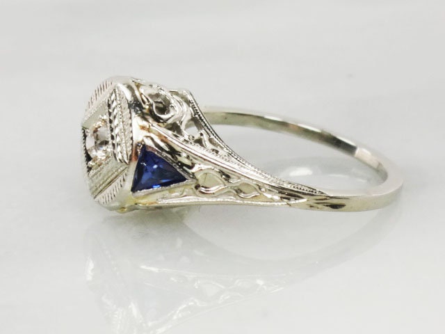 Vintage 18k White Gold Old Mine Cut Natural Diamond Engagement Ring with Sapphire Accents JR Wood Art Deco Filigree Bow Ring