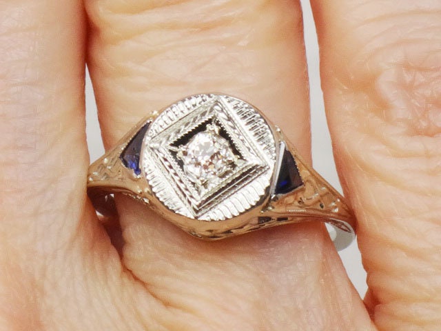 Vintage 18k White Gold Old Mine Cut Natural Diamond Engagement Ring with Sapphire Accents JR Wood Art Deco Filigree Bow Ring