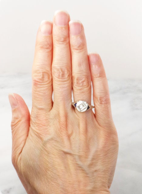 Vintage 18k White Gold Old Mine Cut Natural Diamond Engagement Ring with Sapphire Accents JR Wood Art Deco Filigree Bow Ring