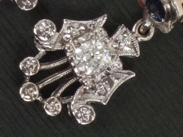 Vintage 14k White Gold Natural Diamond and Blue Sapphire Earrings Art Deco Dangle Earrings