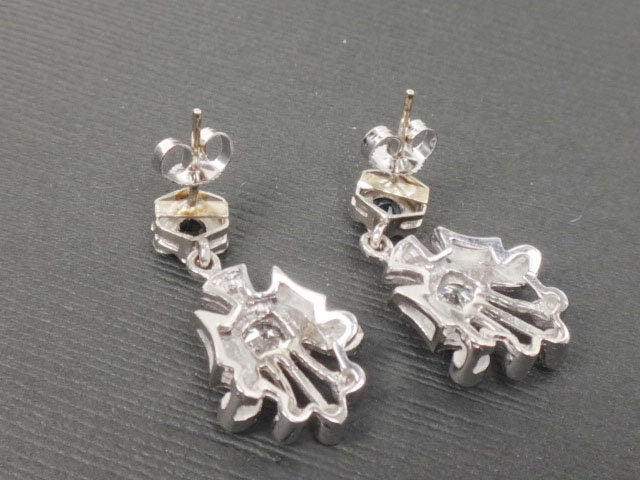 Vintage 14k White Gold Natural Diamond and Blue Sapphire Earrings Art Deco Dangle Earrings