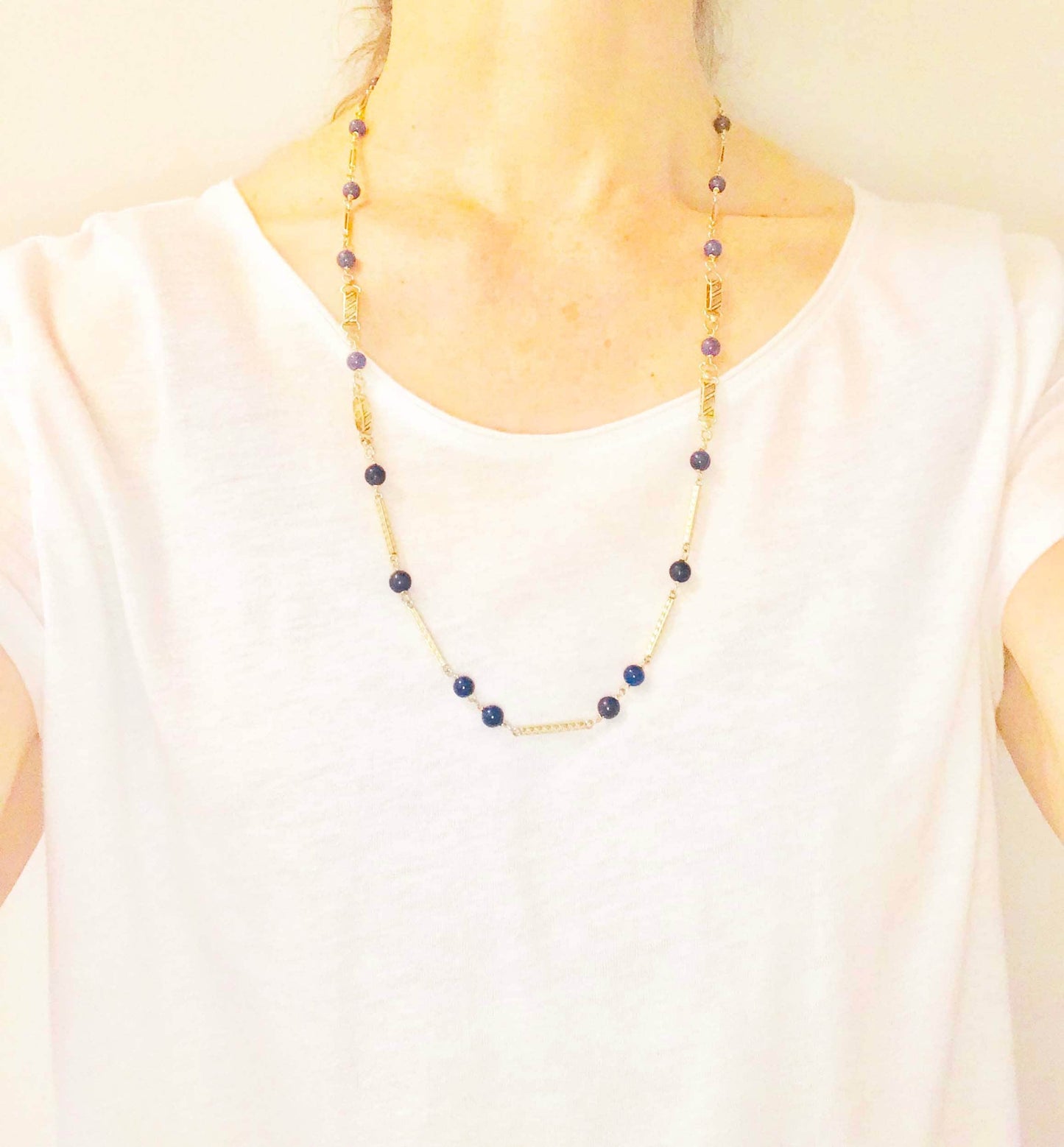 Vintage 14k Yellow Gold Lapis Lazuli Necklace Long Fancy Link Chain - Blue Lapis Station Necklace - 26.75"