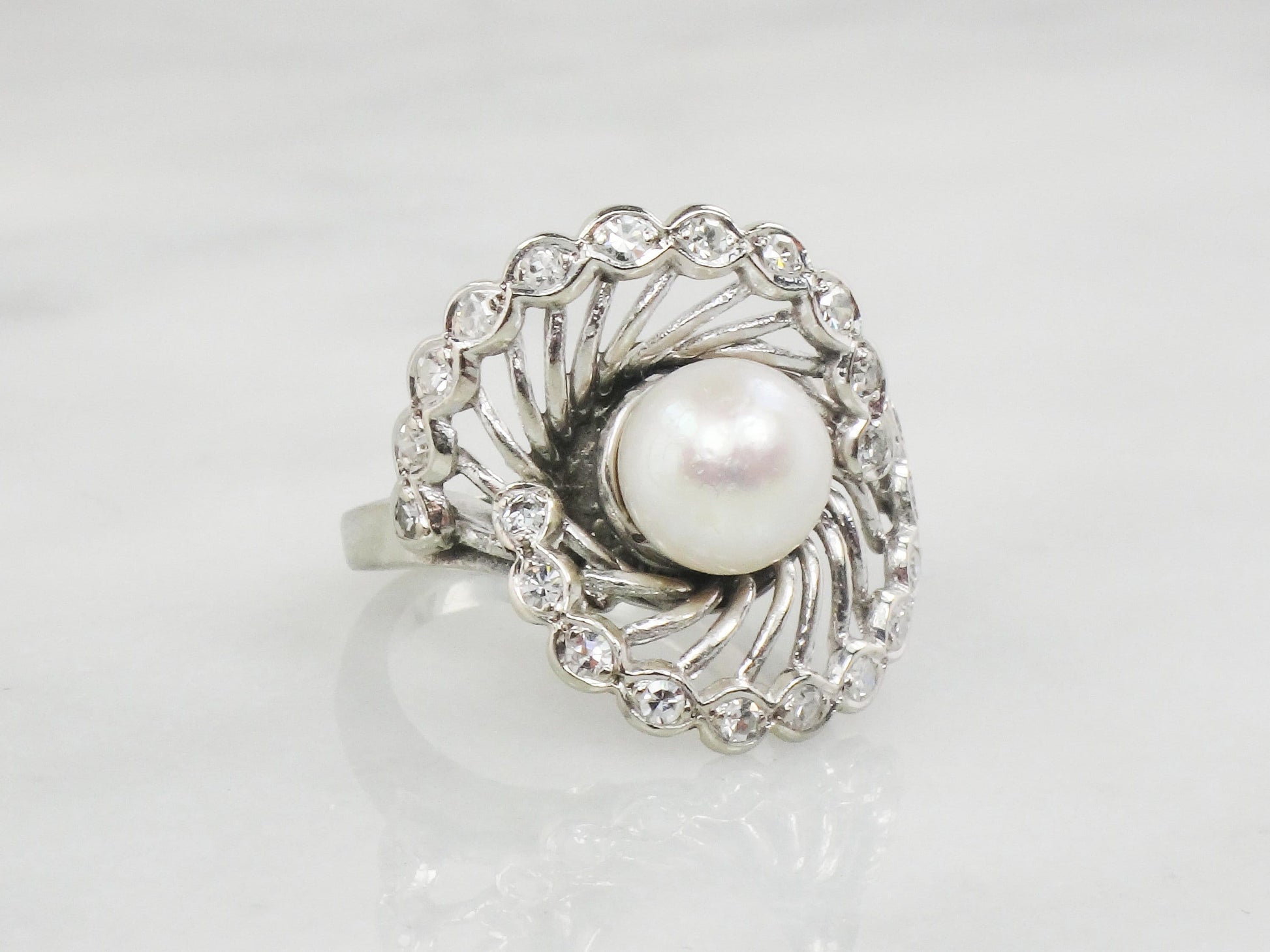 Vintage Saltwater Pearl Diamond Ring: 14k White Gold, Size 5.75, 7.5 MM