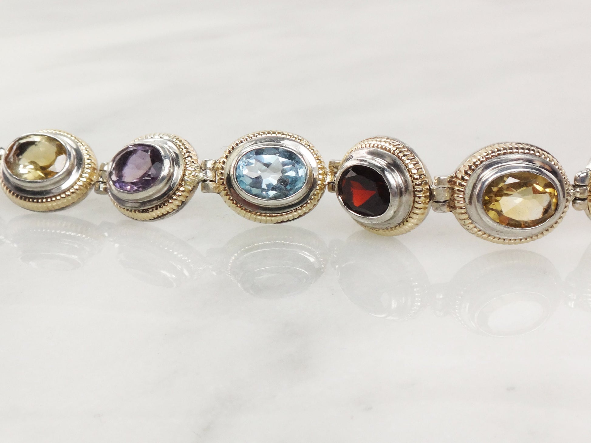 Vintage Multi-Stone Bracelet: 14k Gold & Sterling Silver - Citrine, Amethyst, Topaz, Garnet