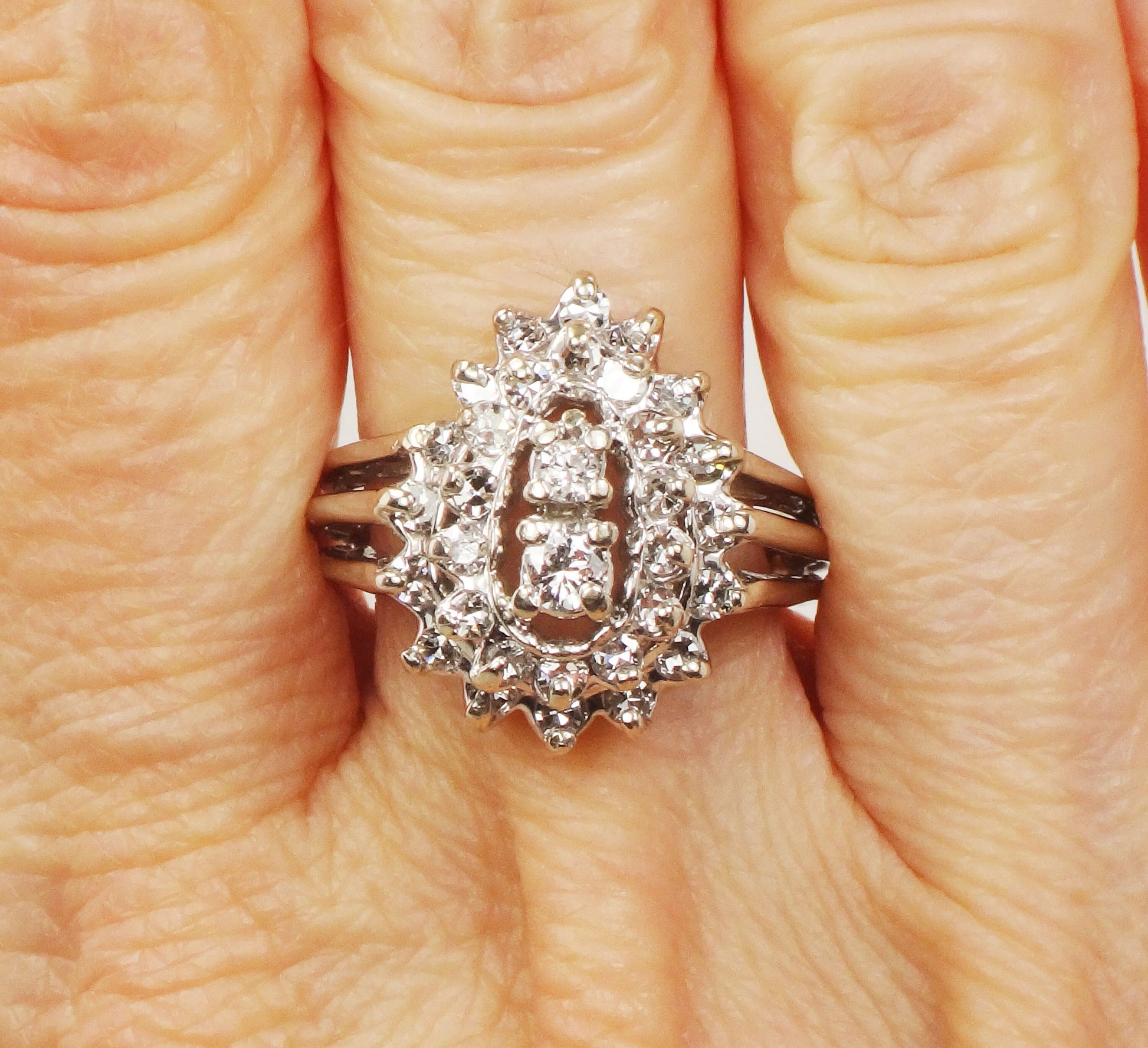 Vintage Pear Shaped Diamond Cluster Ring: 14k White Gold Statement Ring, 1 CT TDW