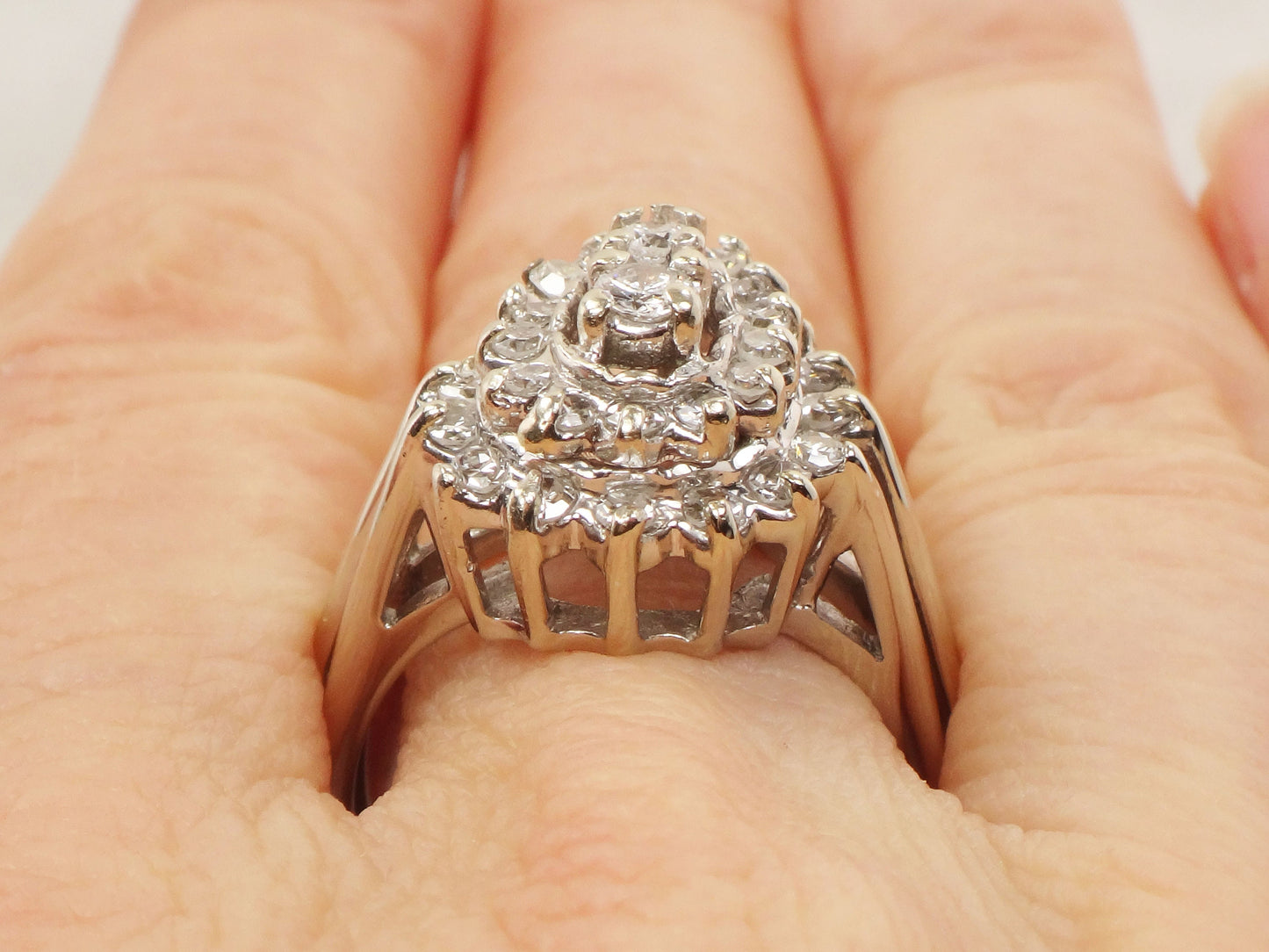 Vintage Pear Shaped Diamond Cluster Ring: 14k White Gold Statement Ring, 1 CT TDW