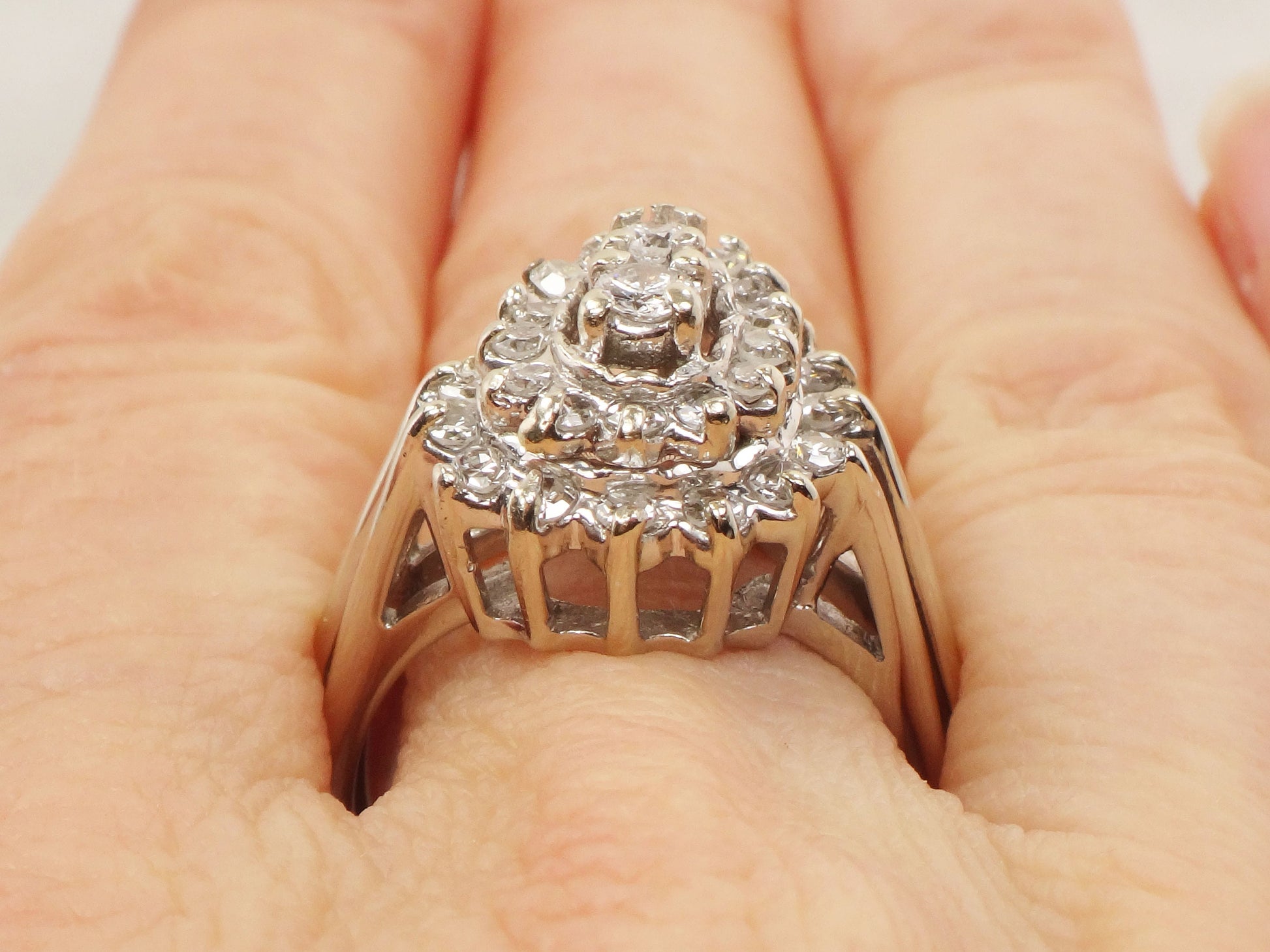 Vintage Pear Shaped Diamond Cluster Ring: 14k White Gold Statement Ring, 1 CT TDW