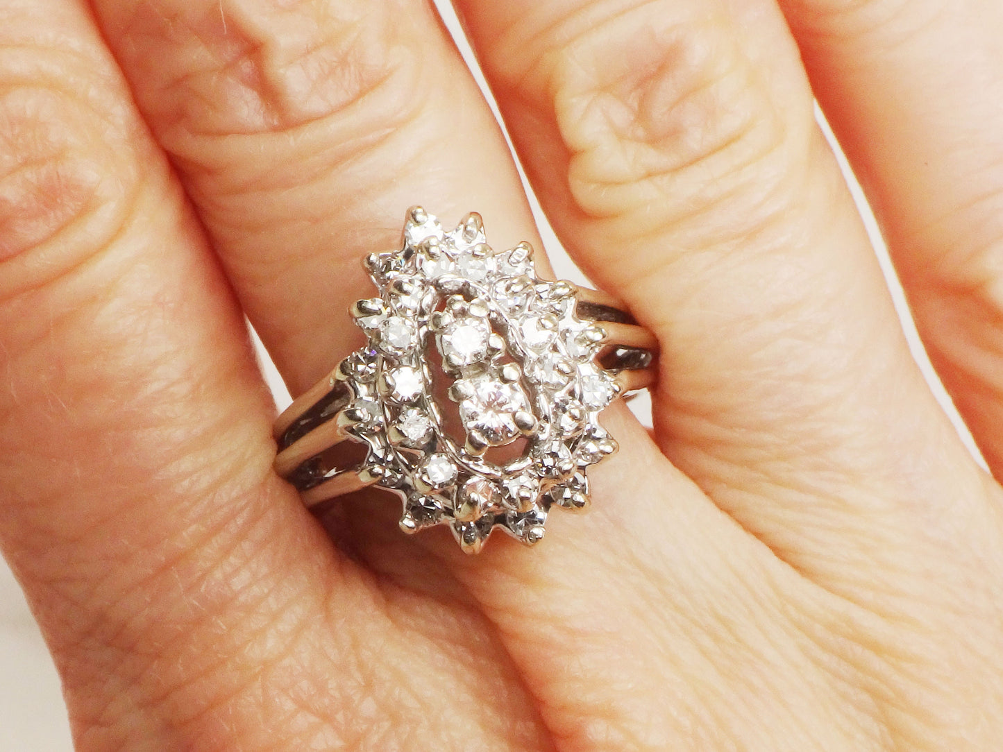 Vintage Pear Shaped Diamond Cluster Ring: 14k White Gold Statement Ring, 1 CT TDW