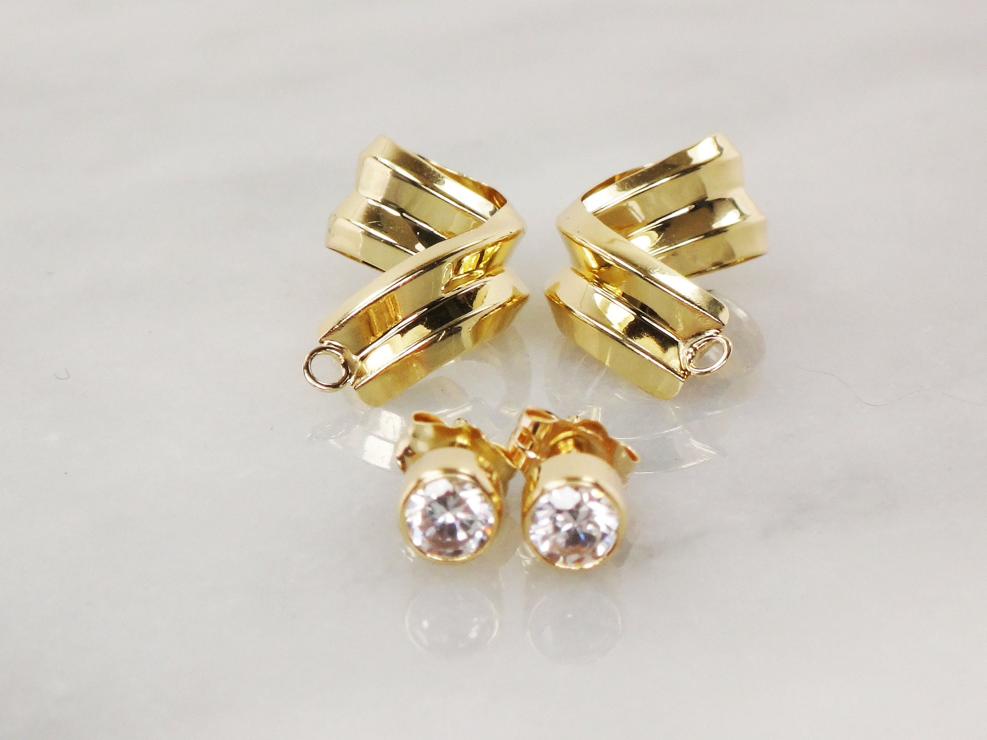 Vintage 14k Yellow Gold CZ Stud Earrings with Removable Jackets Bridal Earrings