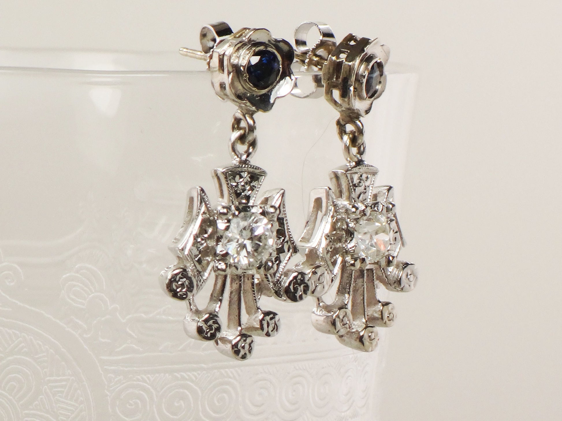 Vintage 14k White Gold Natural Diamond and Blue Sapphire Earrings Art Deco Dangle Earrings