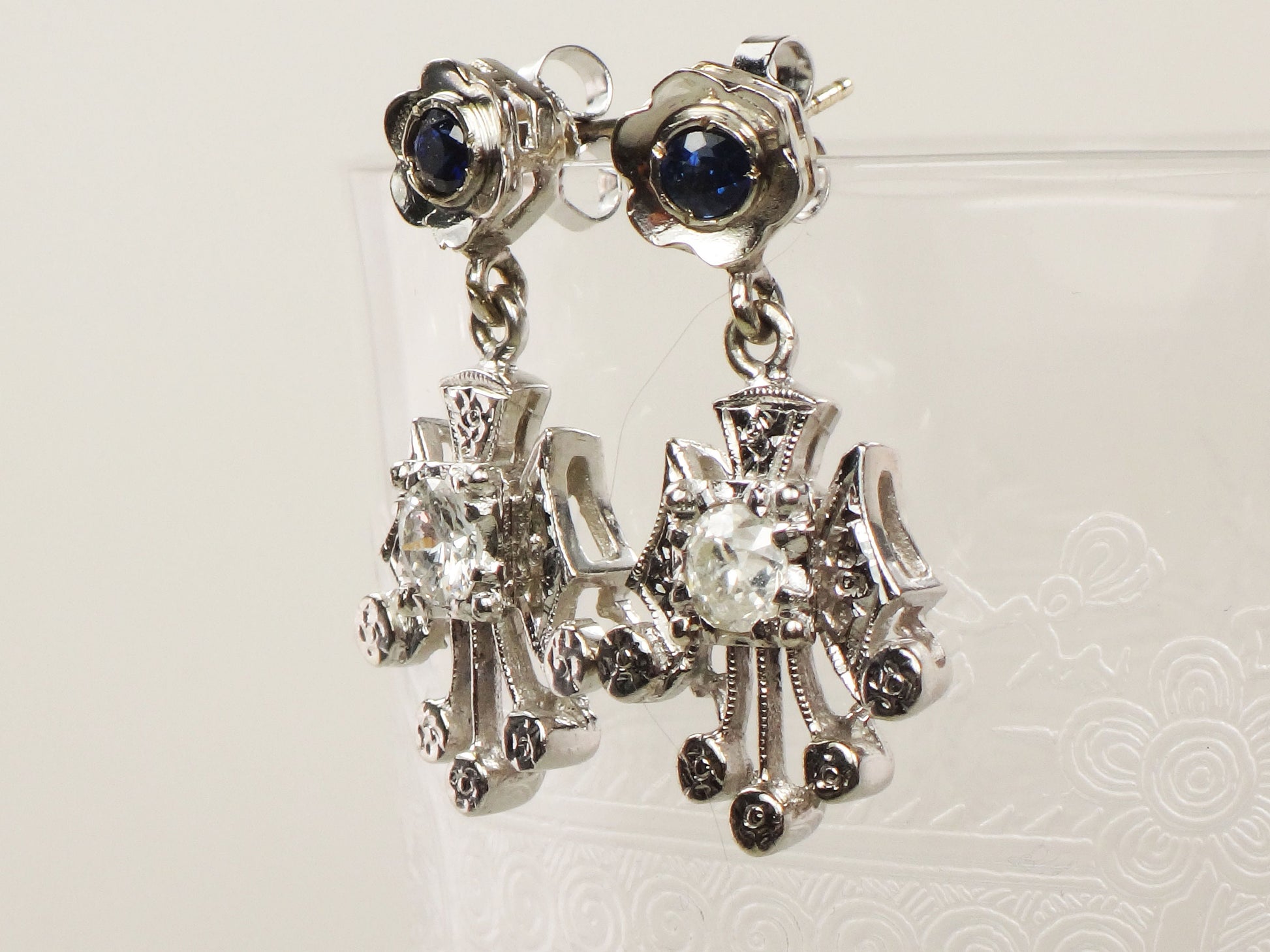 Vintage 14k White Gold Natural Diamond and Blue Sapphire Earrings Art Deco Dangle Earrings