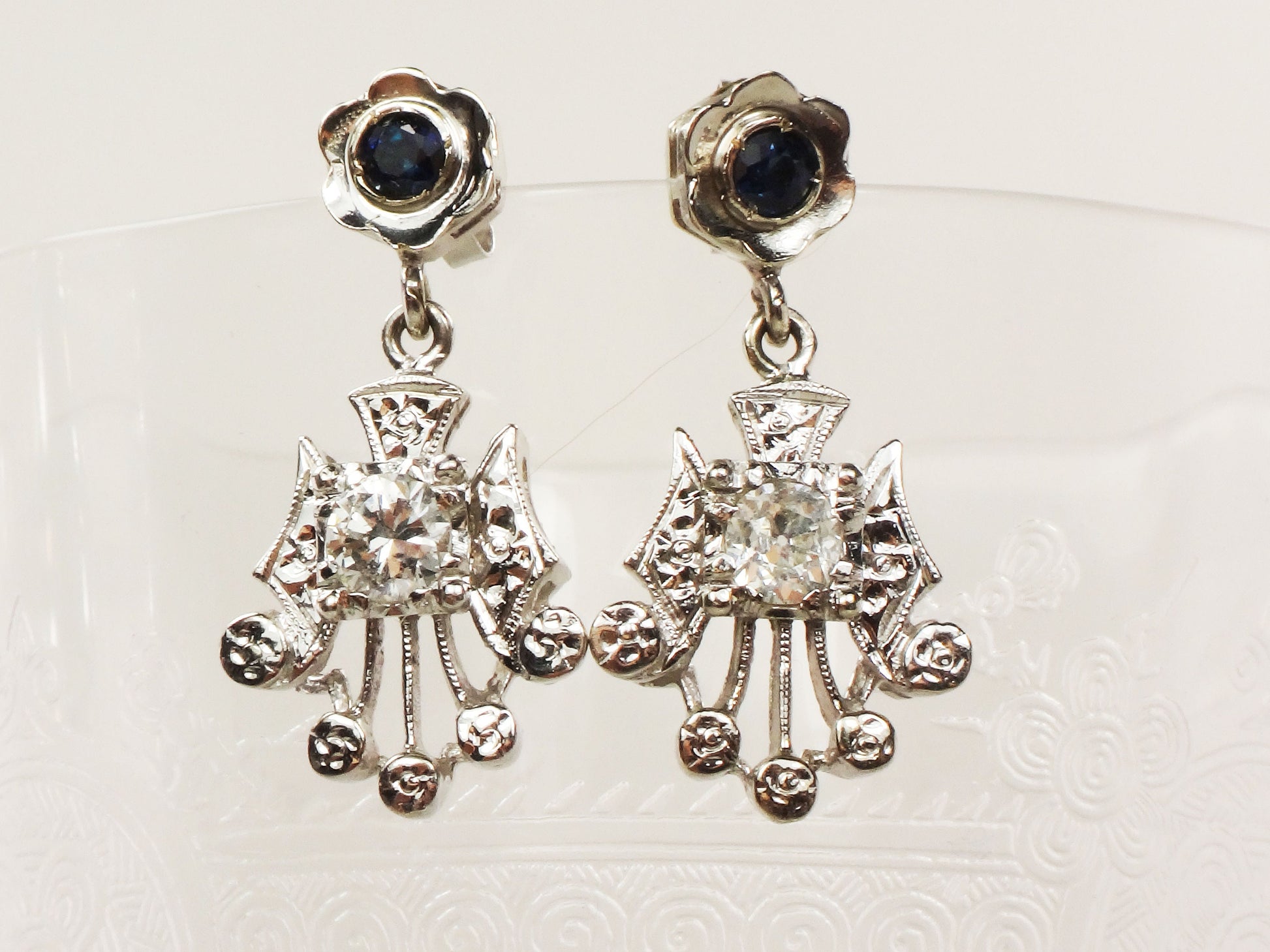 Vintage 14k White Gold Natural Diamond and Blue Sapphire Earrings Art Deco Dangle Earrings